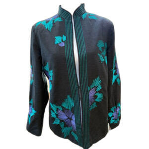 Birch Hill 95% Silk Embroidered Floral Jacket Mandarin Collar Black Purple Teal